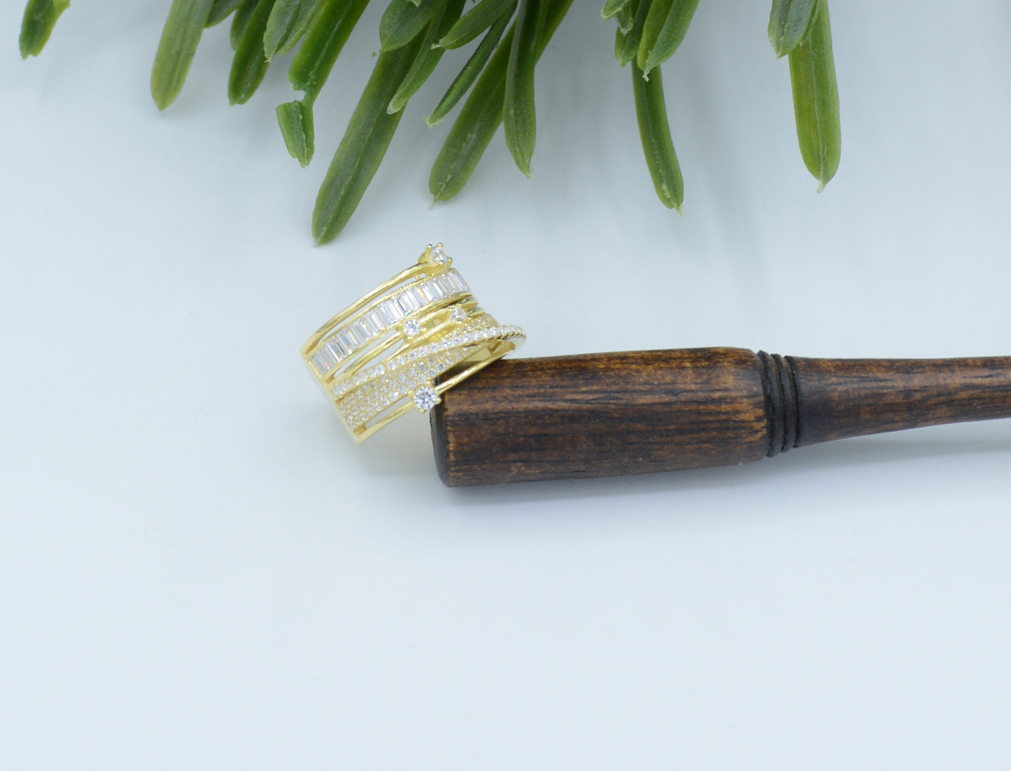 Gold plated satellite ring with cubic zirconia