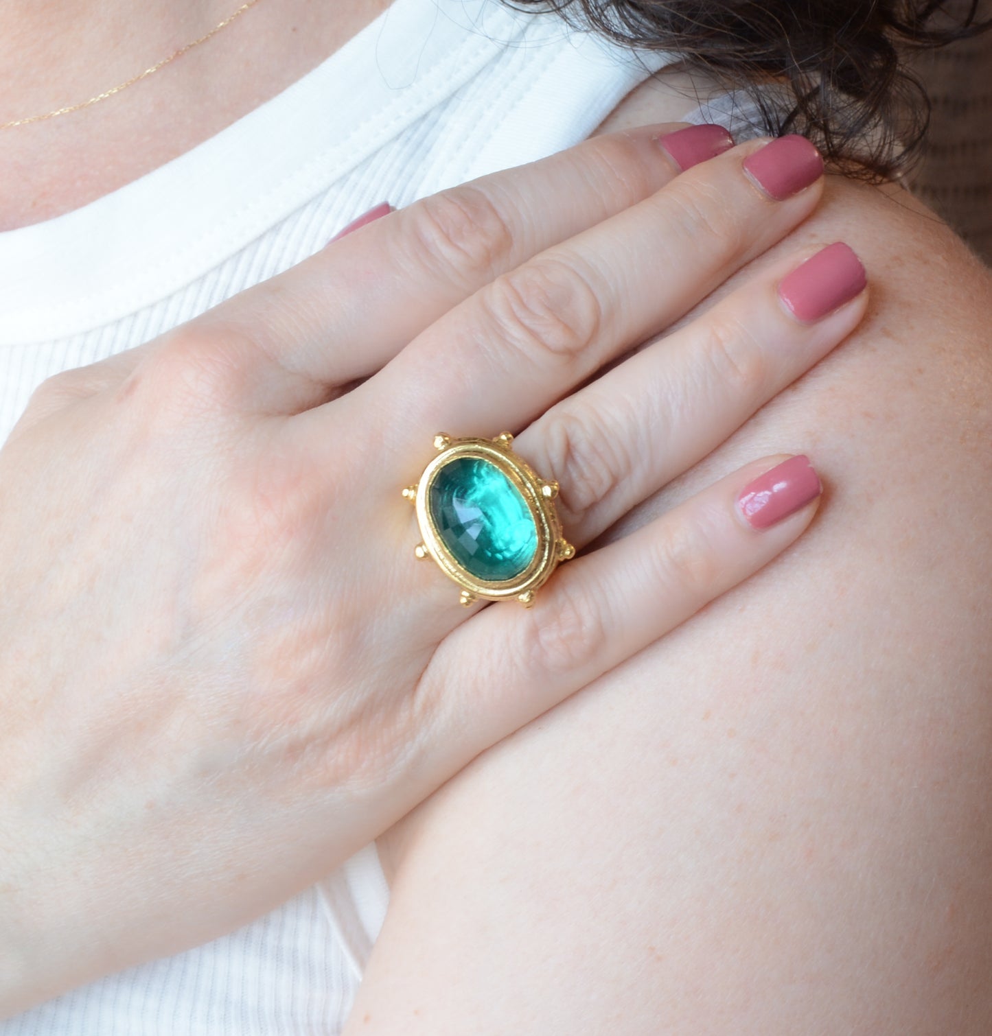 Adjustable gold coin ring with faceted emerald crystal