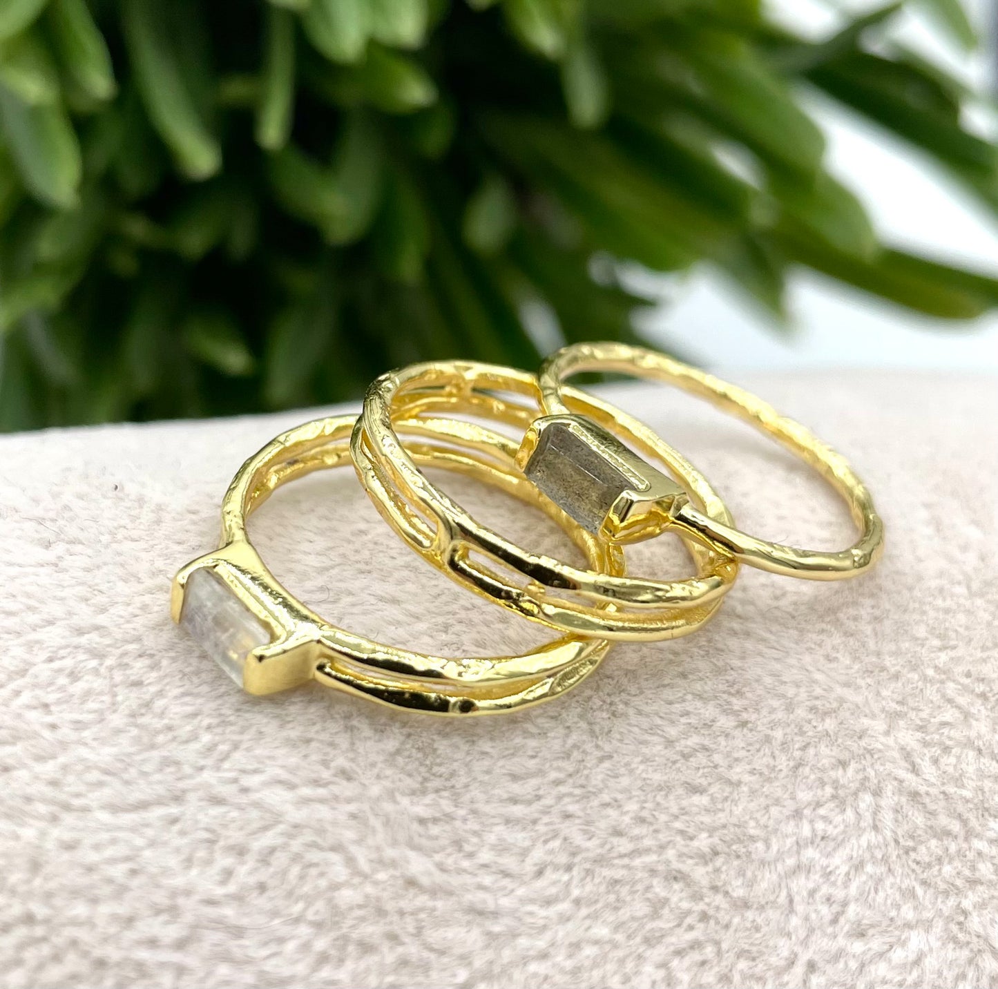 Gold moonstone and labradorite stacking ring set