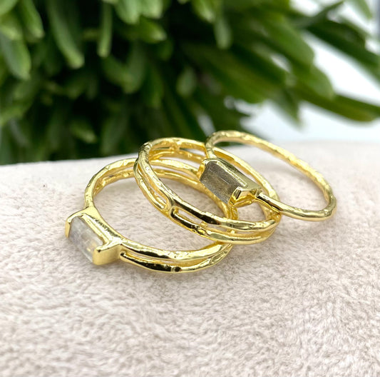 Gold moonstone and labradorite stacking ring set