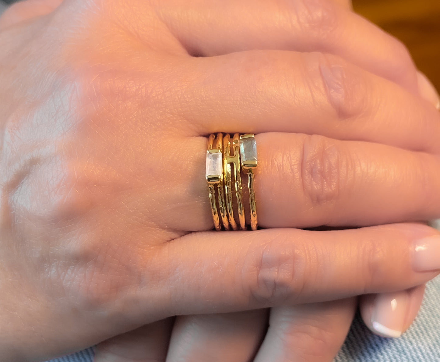 Gold moonstone and labradorite stacking ring set