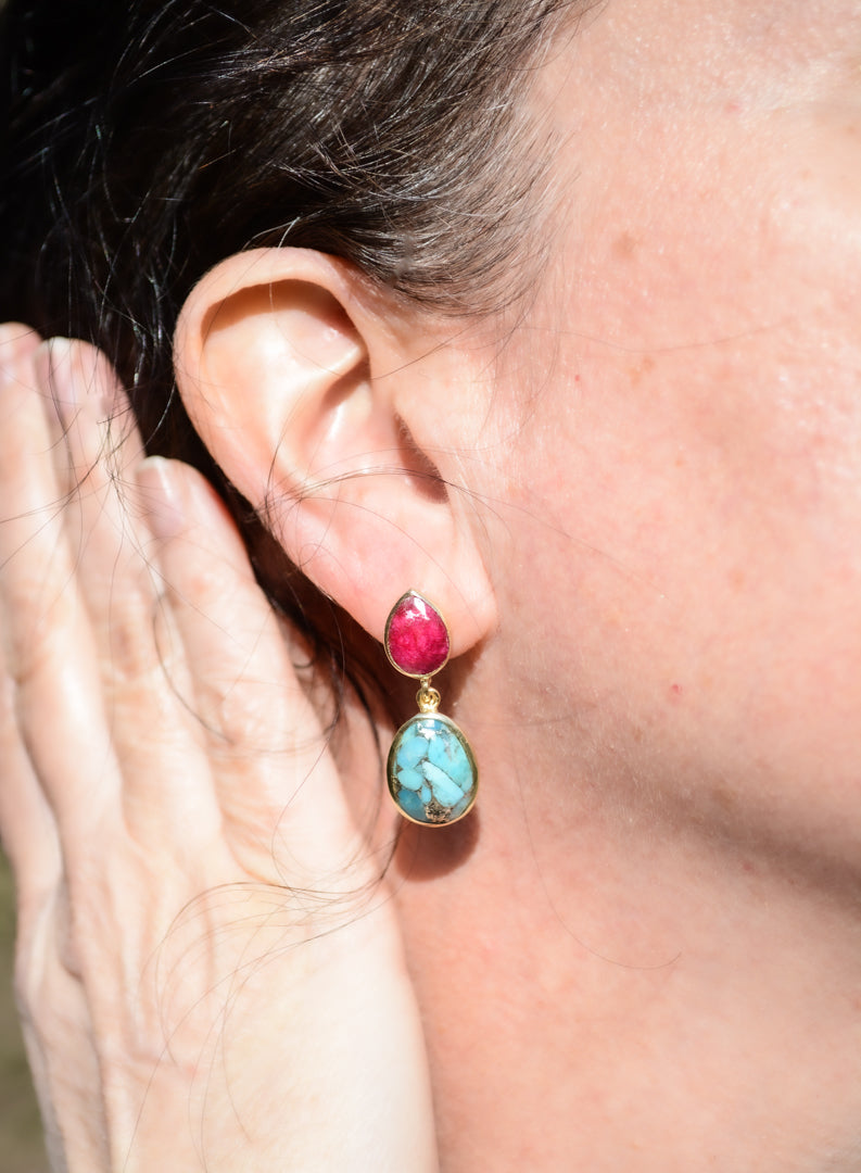 Ruby and turquoise single drop earring