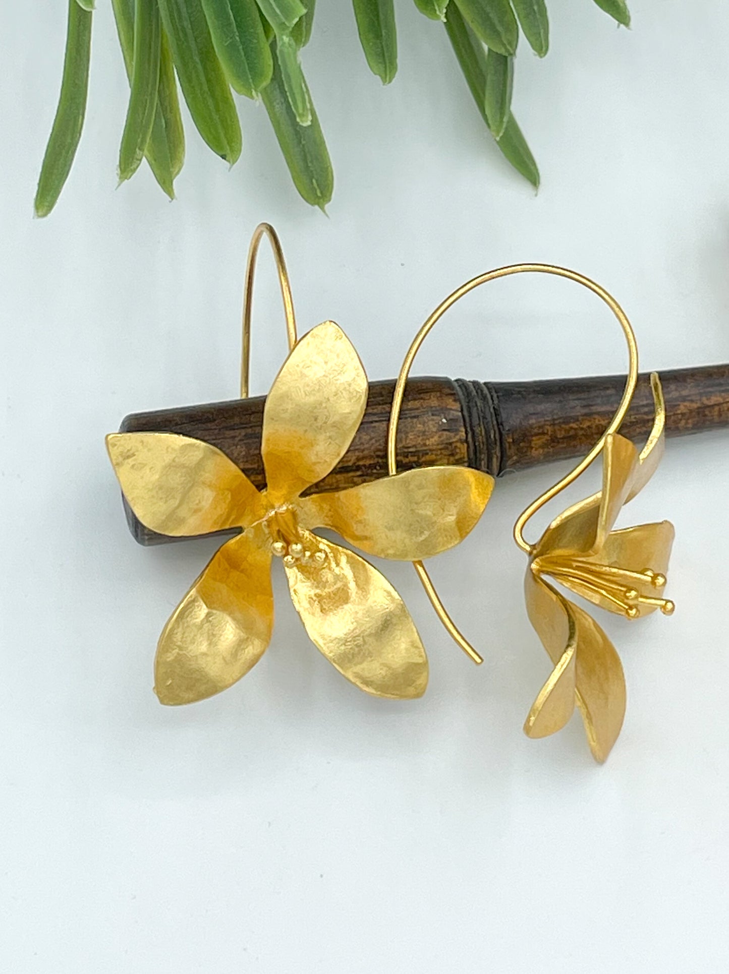 Gold plated brass large flower earrings