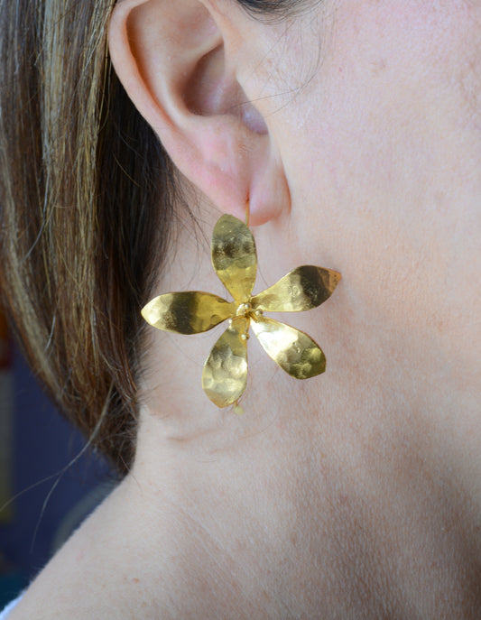 Gold plated brass large flower earrings