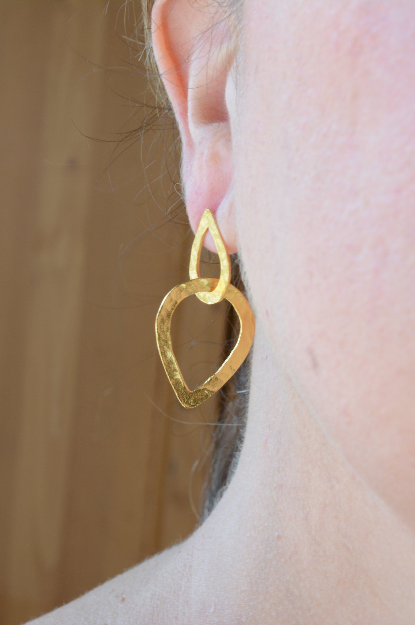 Gold hammered double teardrop earrings