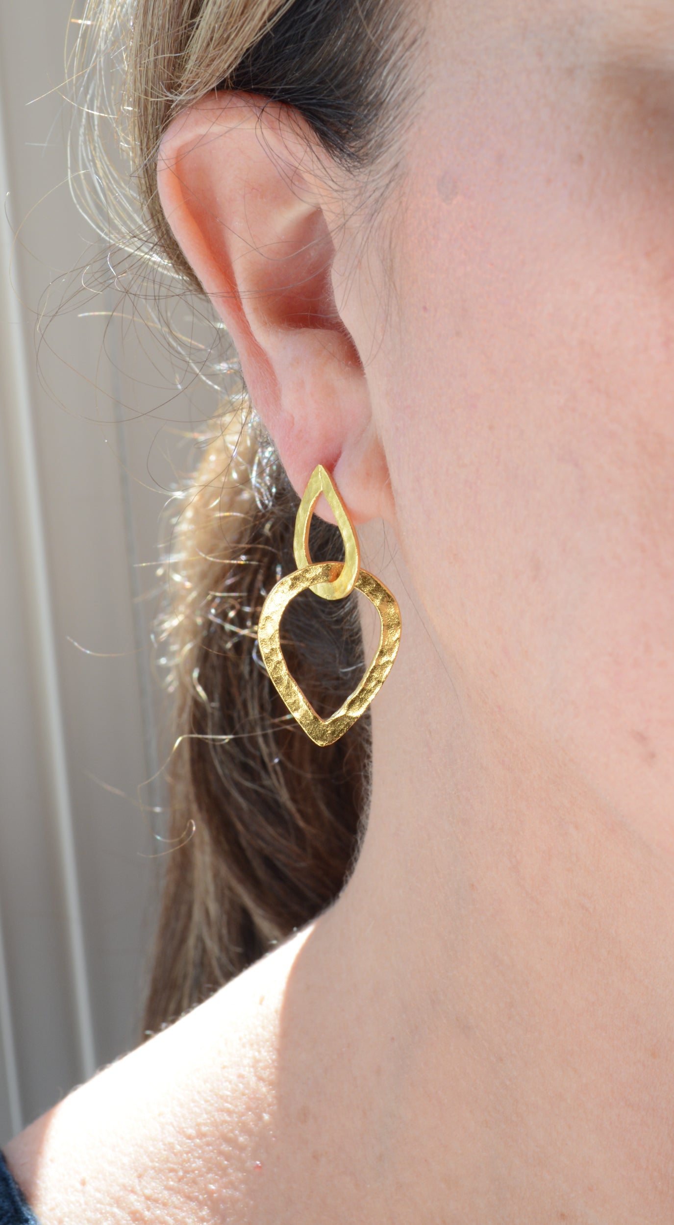 Gold hammered double teardrop earrings