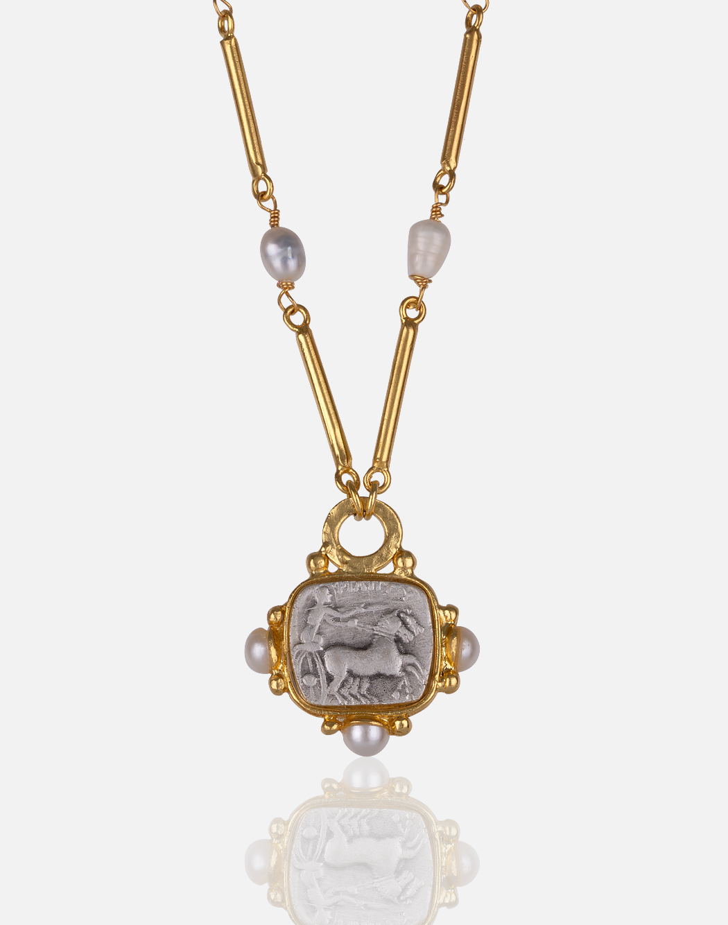 Gold plated Roman Coin necklace with pearl accents