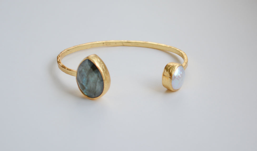 Labradorite and freshwater pearl cuff bracelet