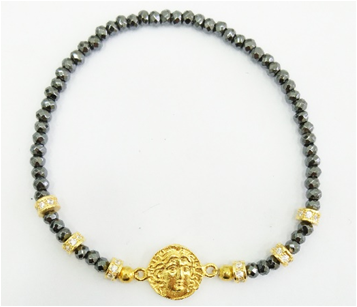 Faceted Hematite, and Gold Plated cz coin bracelet