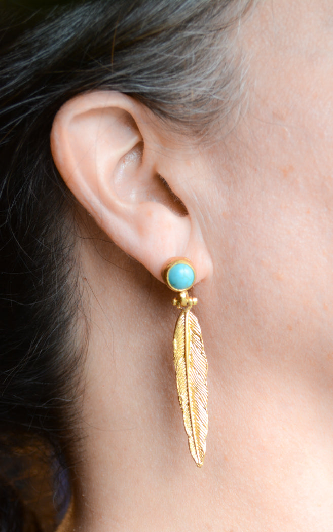 Gold Plated Feather Earrings With Turquoise Post