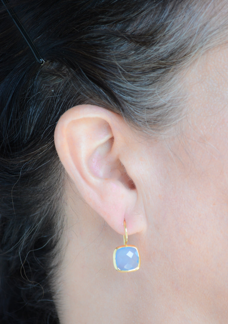 Cushion cut faceted blue chalcedony drop earring