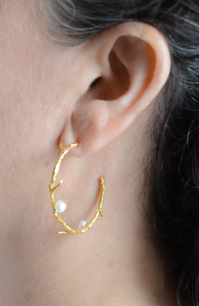 Gold Plated Branch Hoop Earrings With Freshwater Pearl