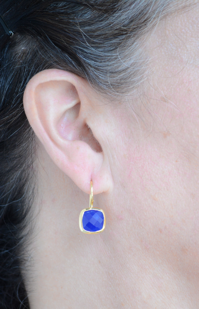 Cushion cut faceted blue jade drop earring