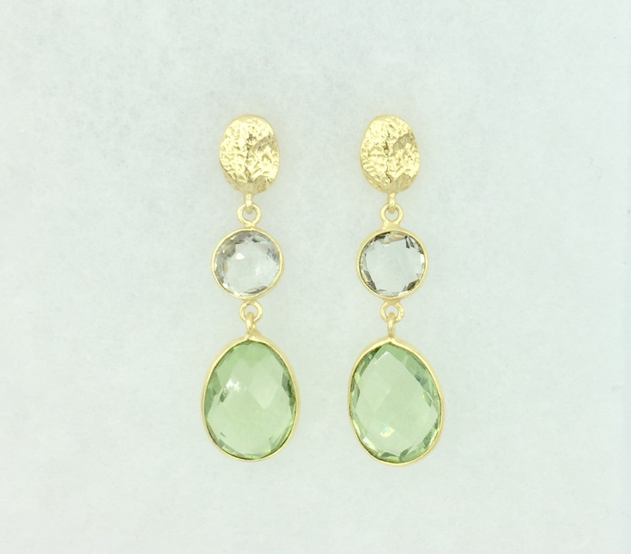 Faceted green amethyst two stone drop post earrings