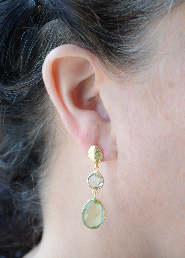 Faceted green amethyst two stone drop post earrings