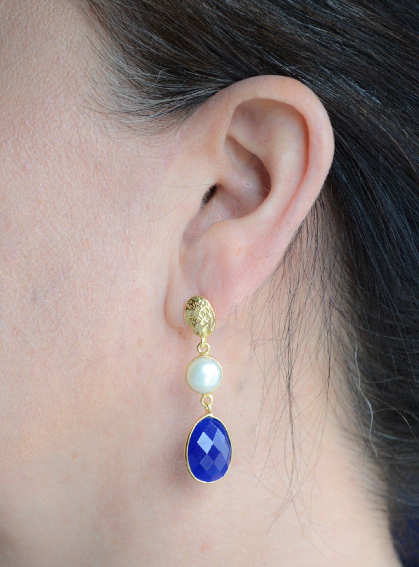 Pearl and blue jade double drop earrings