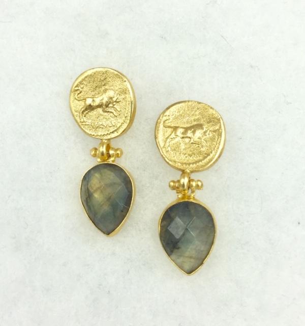 Labradorite earrings with Roman coin replica