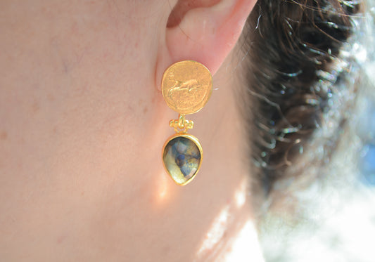 Labradorite earrings with Roman coin replica