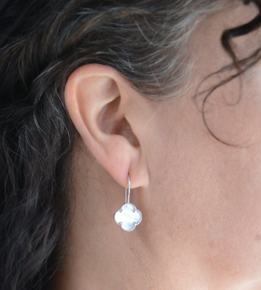 Silver Mother Of Pearl clover drop earrings