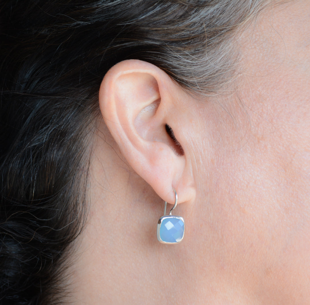 Cushion cut faceted blue chalcedony drop earring, rhodium