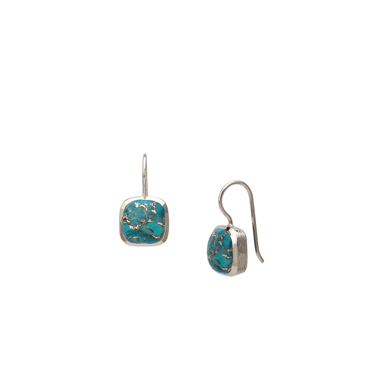 Cushion cut rhodium finish copper turquoise drop earring