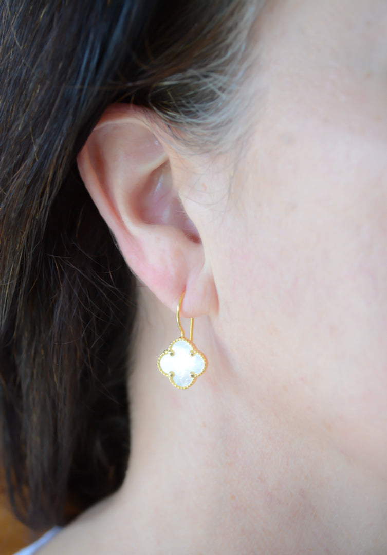 Gold Mother Of Pearl clover drop earrings