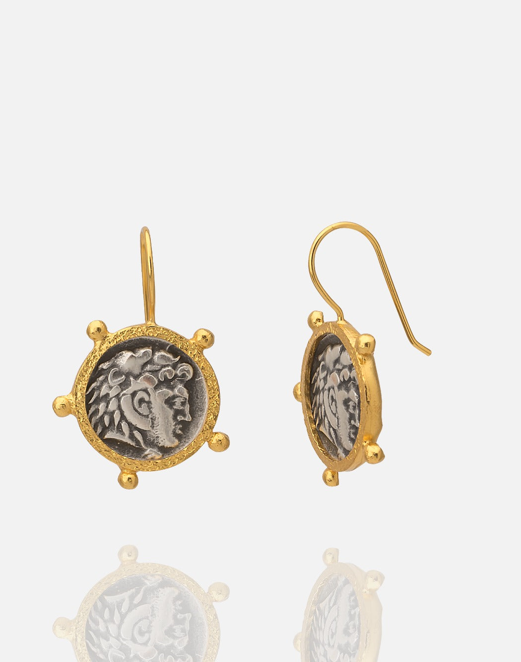 Two-tone gold and rhodium Roman coin earring