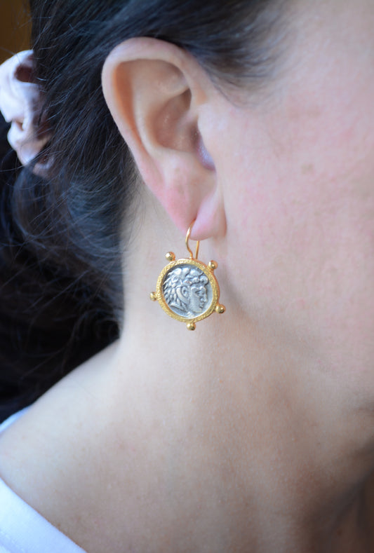 Two-tone gold and rhodium Roman coin earring