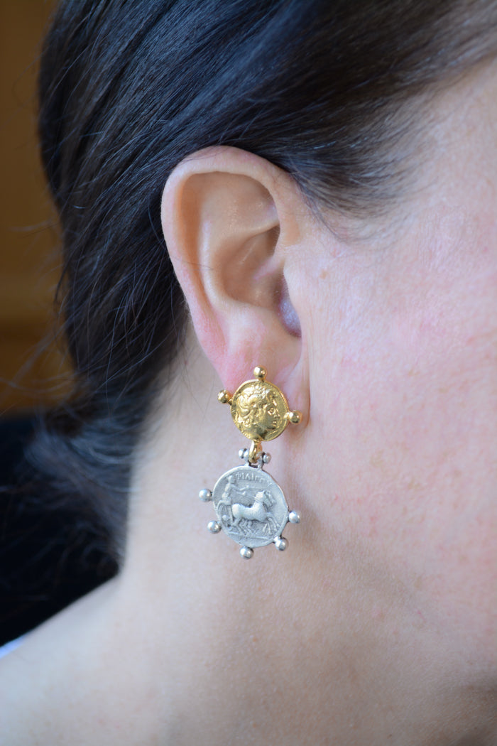 Two-tone gold and rhodium double Roman coin earring