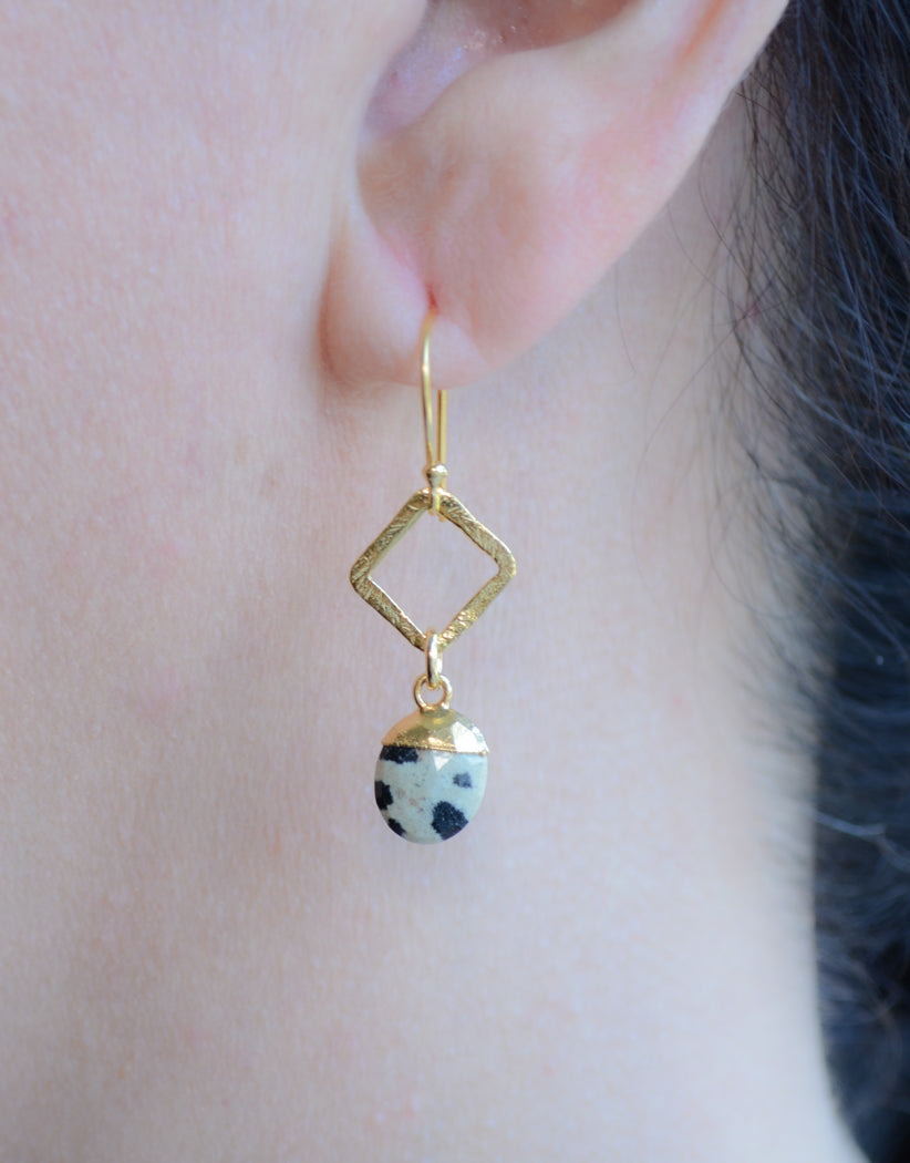 Dalmatian jasper diamond shaped gold drop earring