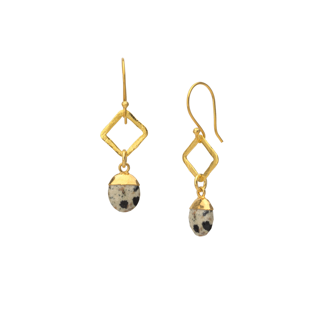Dalmatian jasper diamond shaped gold drop earring