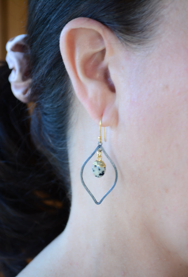 Faceted dalmatian jasper dark rhodium drop earrings