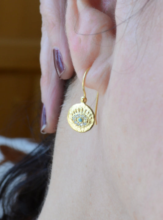 Tiny gold Talisman earring with Cubic Zirconia