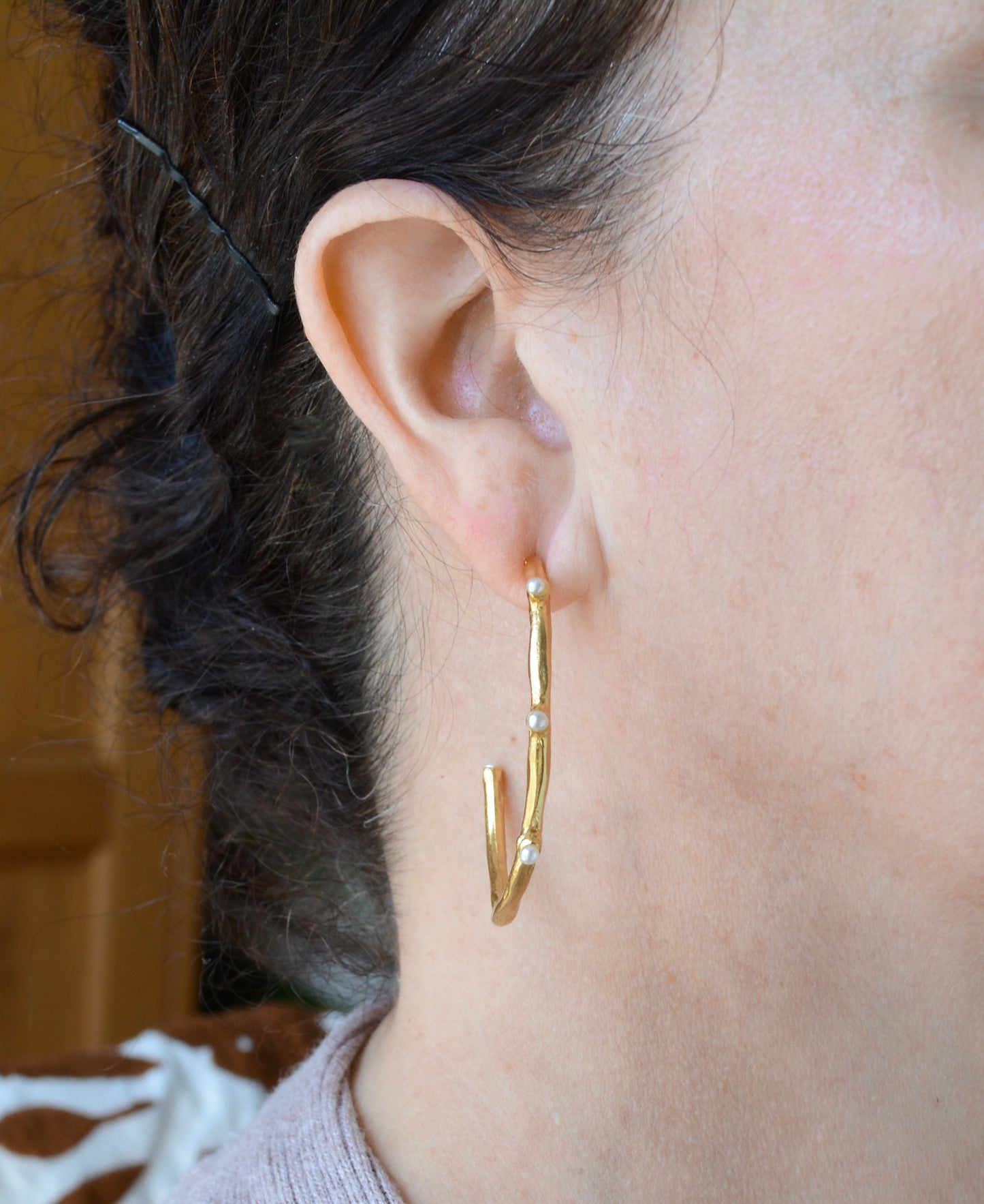 Organic shape Hoop Earrings With Fresh Water Pearls