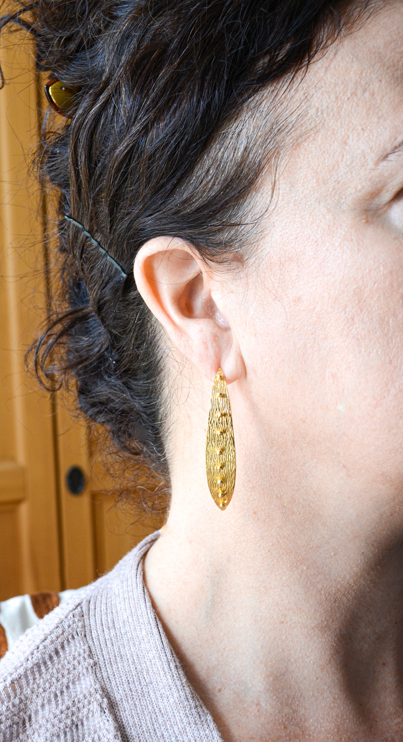 Gold plated Brass Beaded Leaf earring