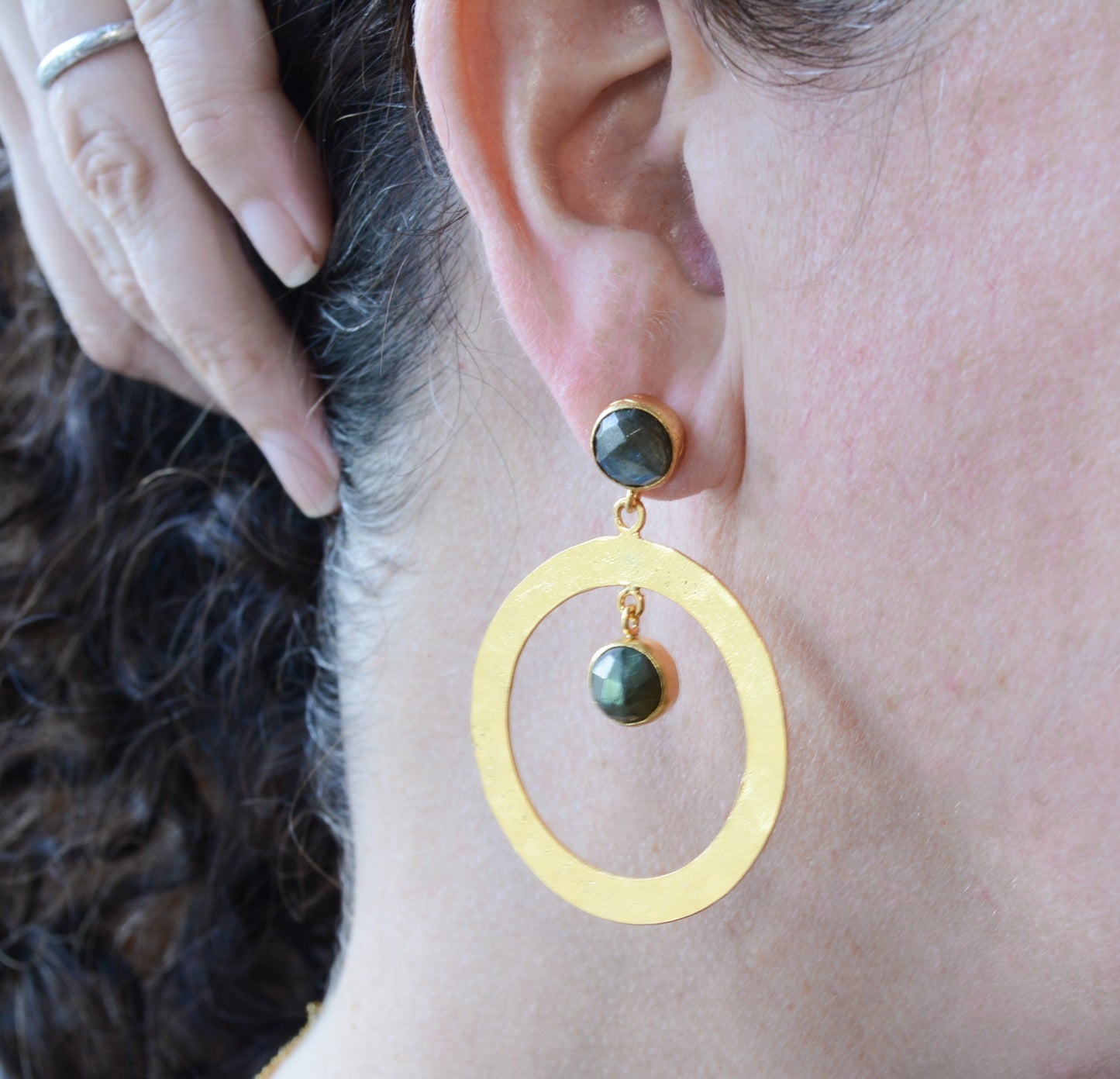 Hammered hoops with post and Labradorite stones