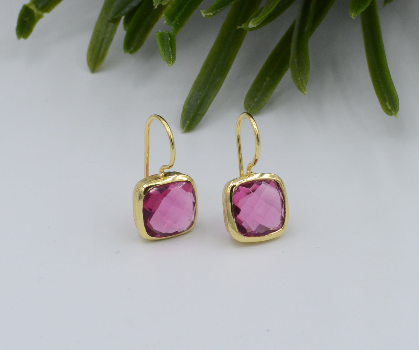 Gold cushion cut Pink Tourmaline Hydro earrings