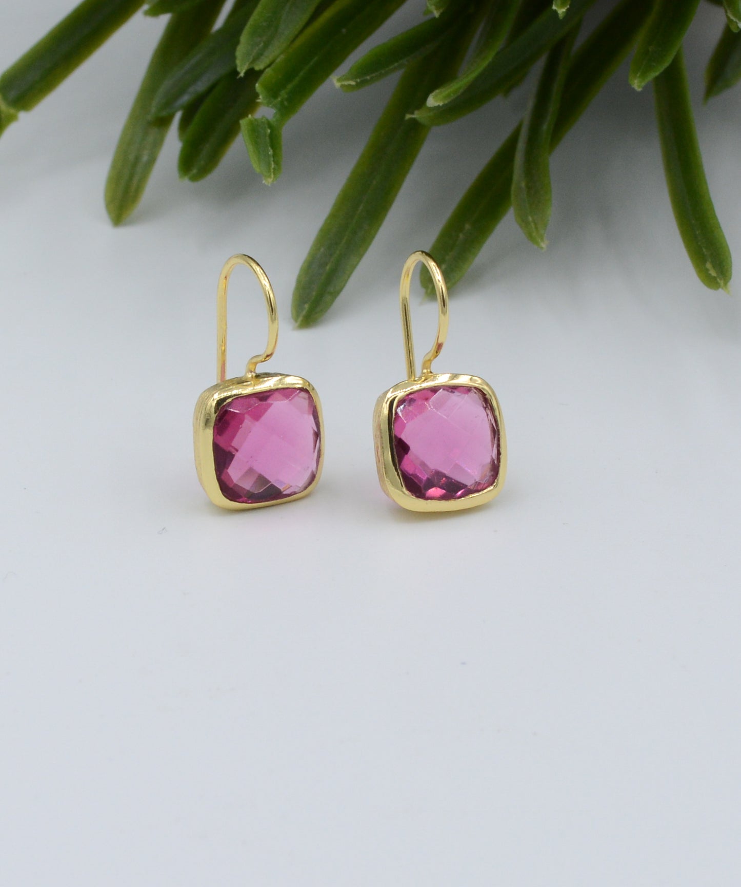 Gold cushion cut Pink Tourmaline Hydro earrings