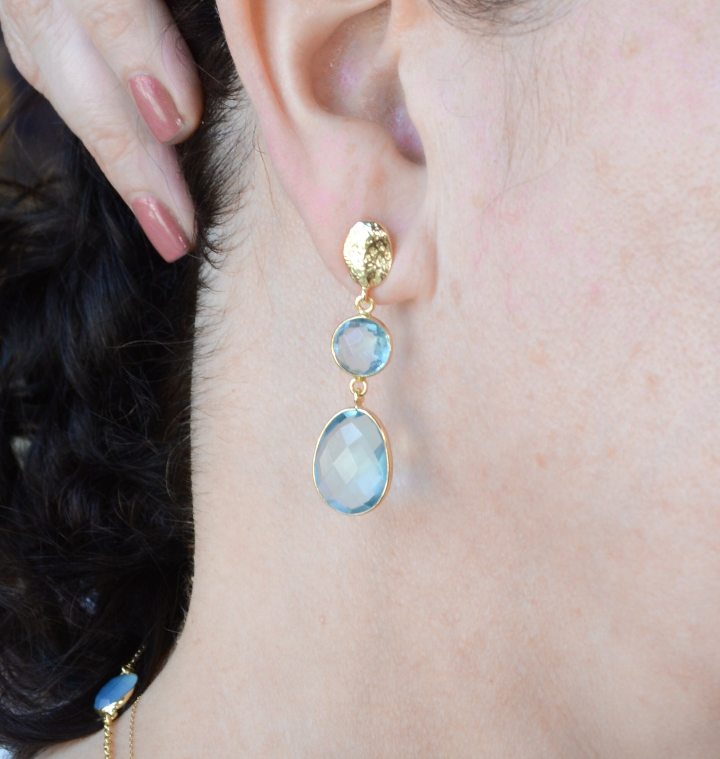 Blue Topaz Gold plate double drop earring