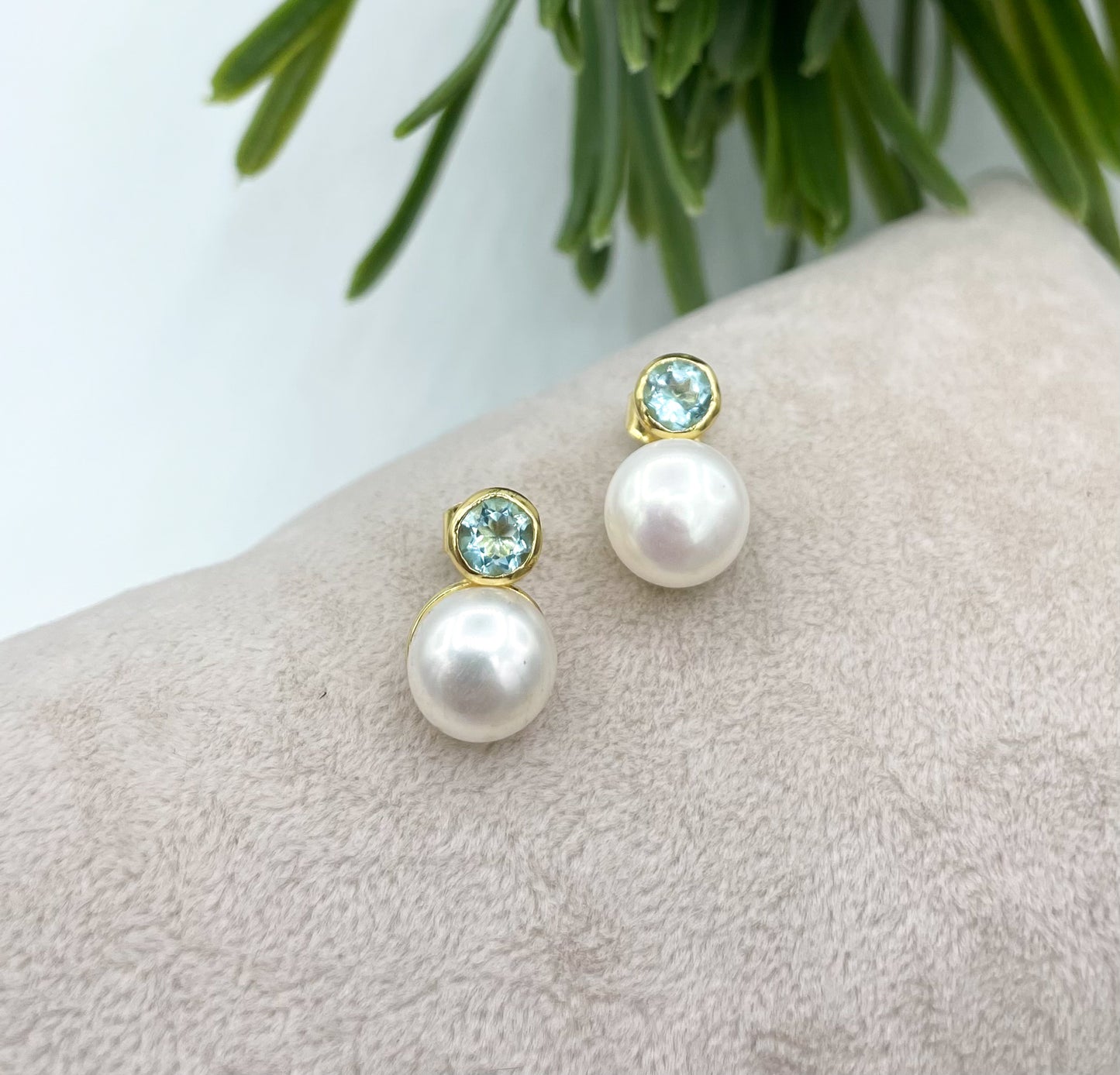 Gold blue topaz and pearl stud earrings
