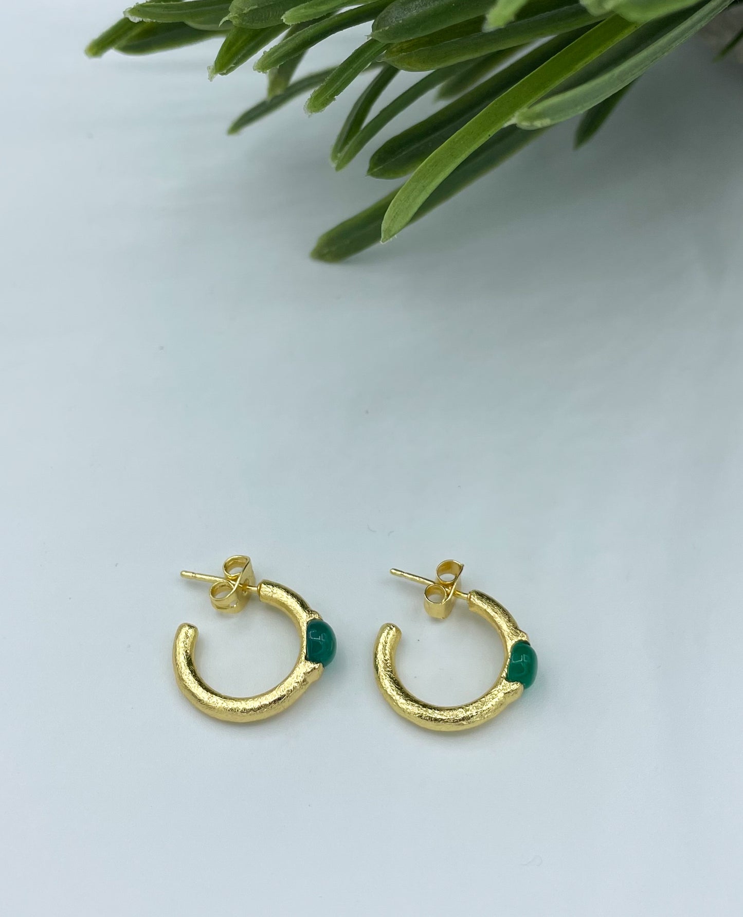 Gold plated textured hoops with green onyx accents