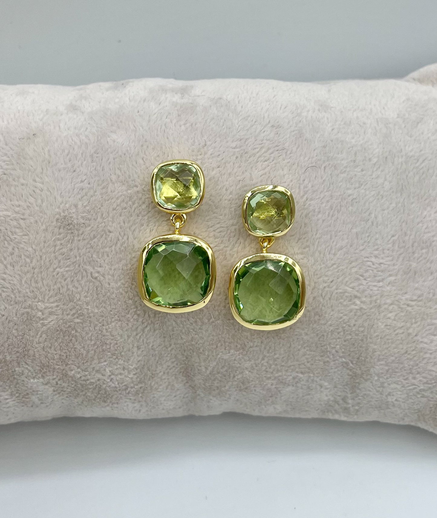 Gold cushion cut double drop green amethyst earrings