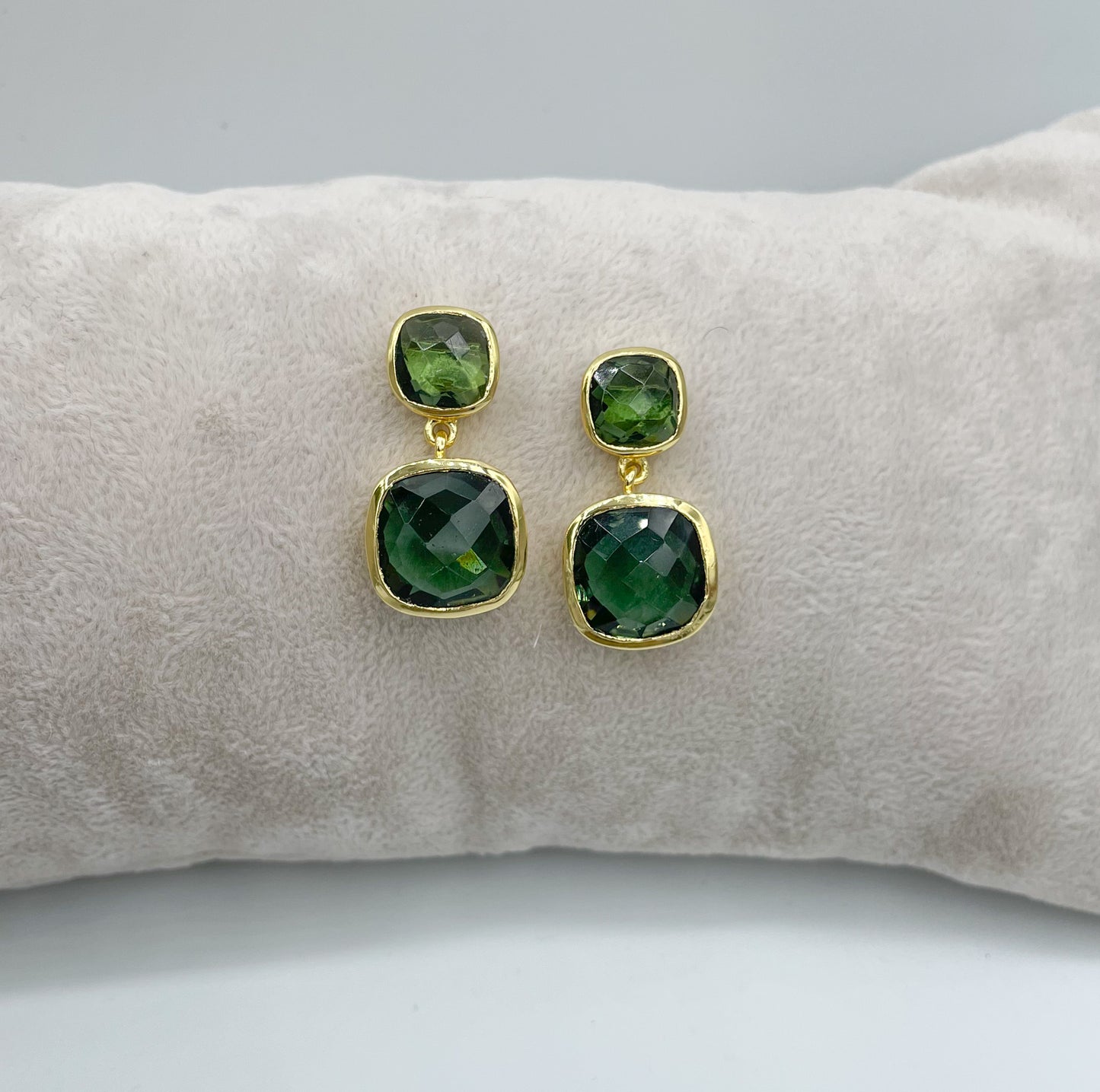 Gold cushion cut double drop green tourmaline earrings