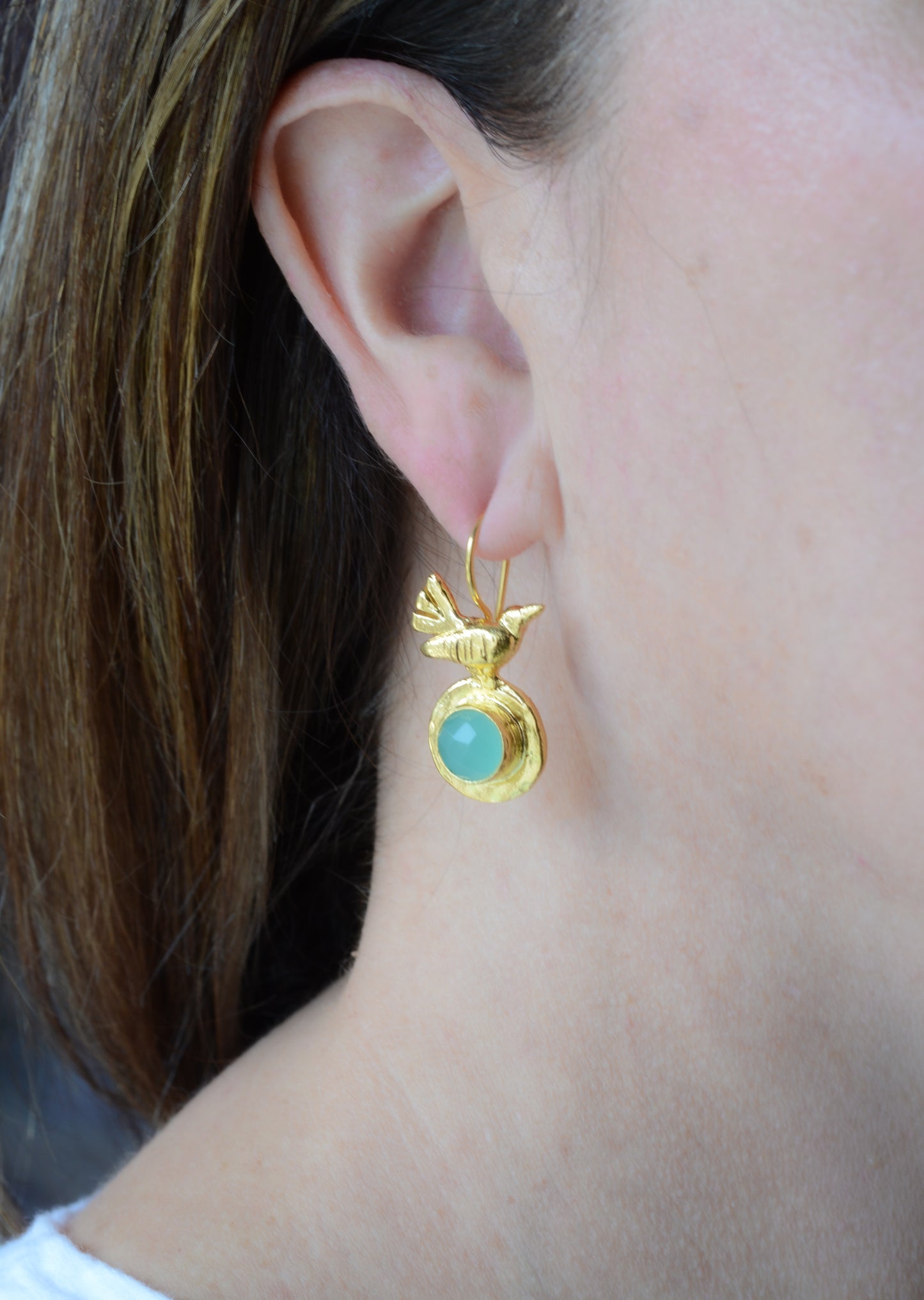 Gold plated bird earring with aqua chalcedony