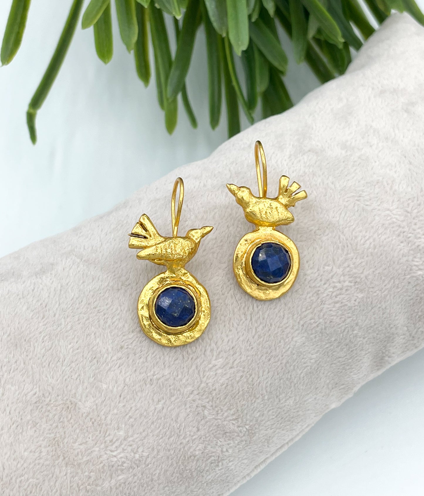 Gold plated bird earring with lapis