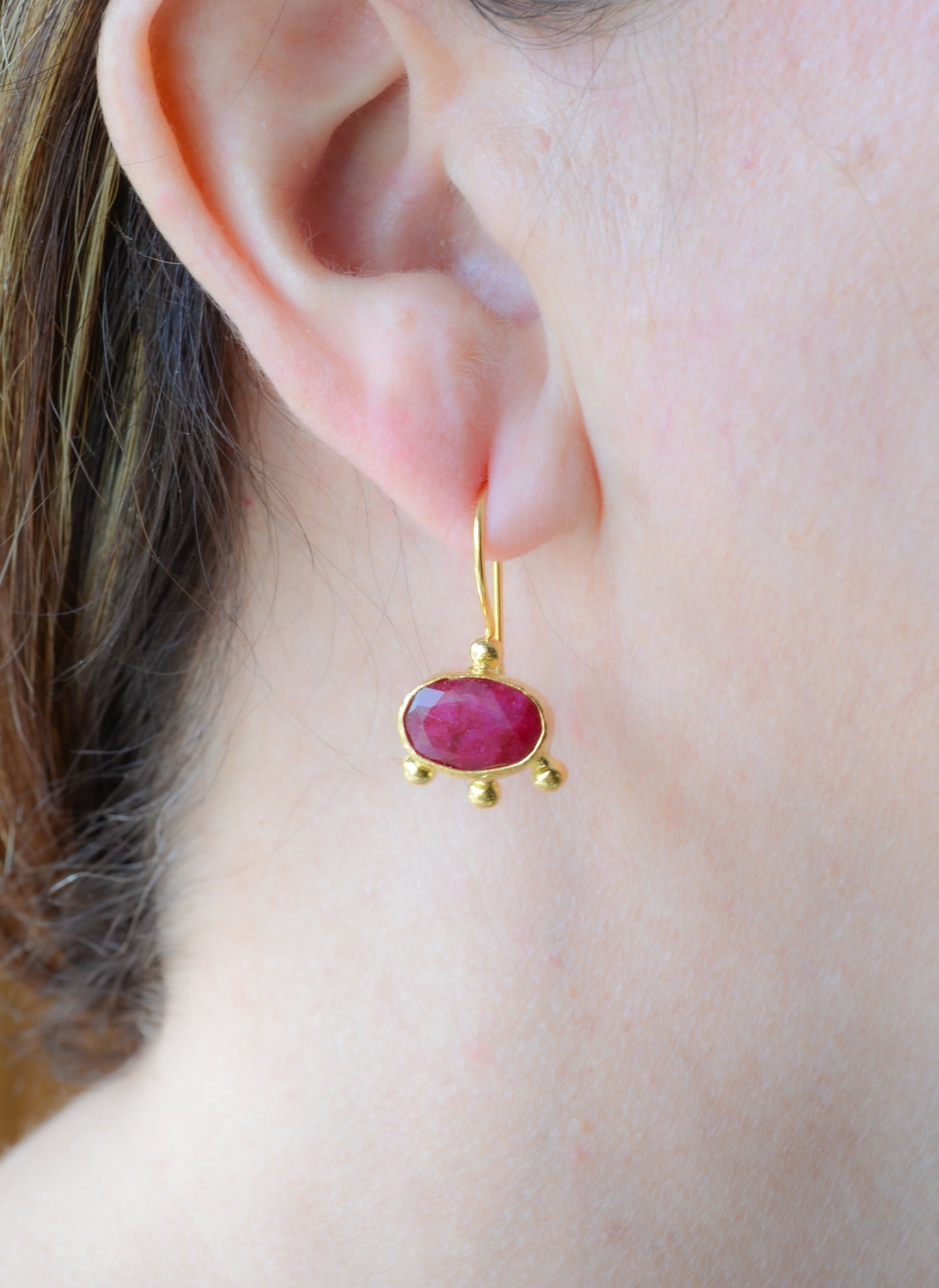 Gold plated rough cut ruby dangle earrings