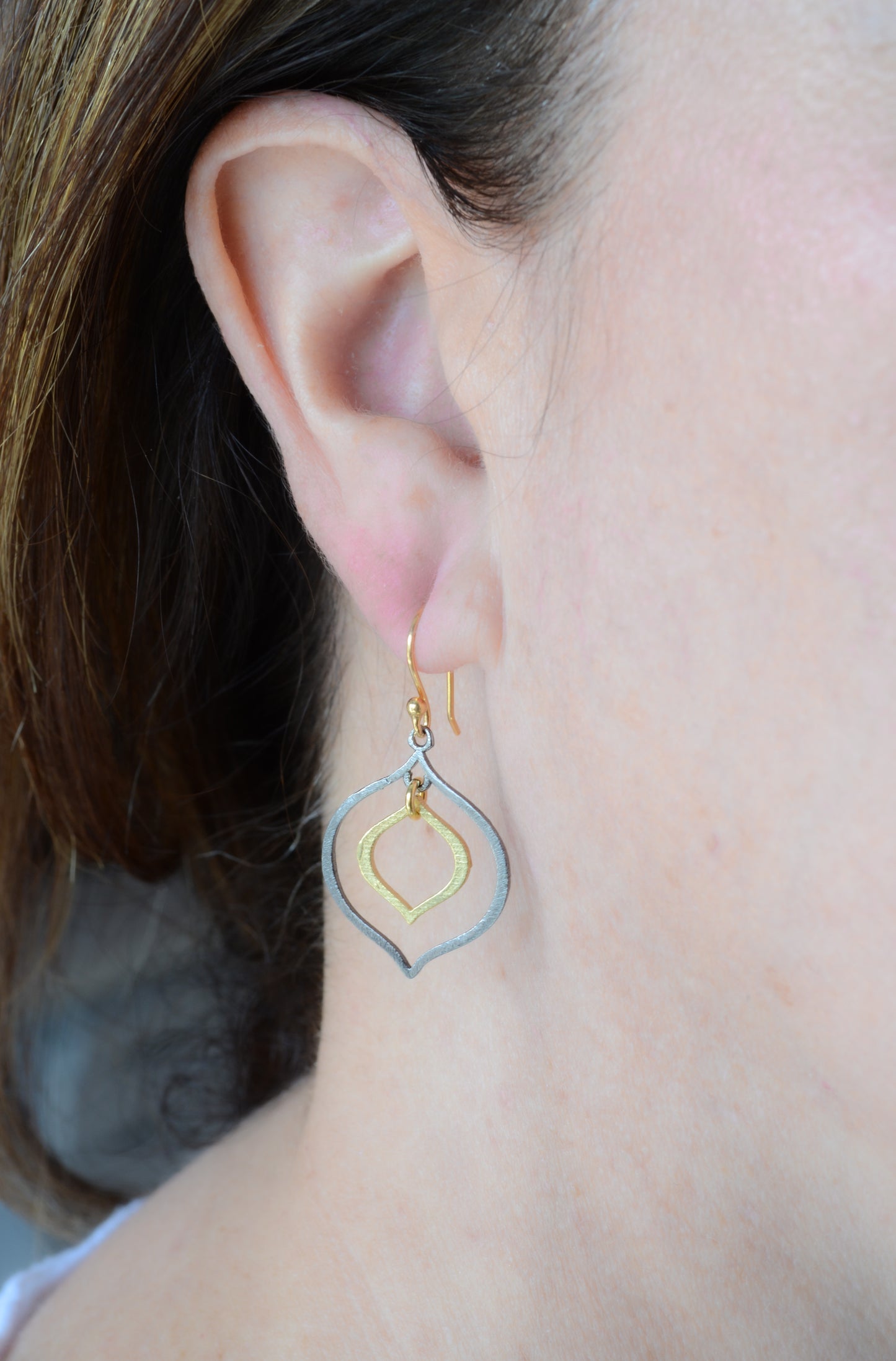 Two-tone gold and dark rhodium lotus earrings