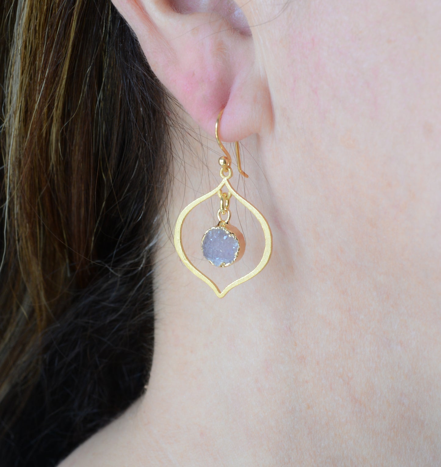 Gold lotus earrings with druzy stones