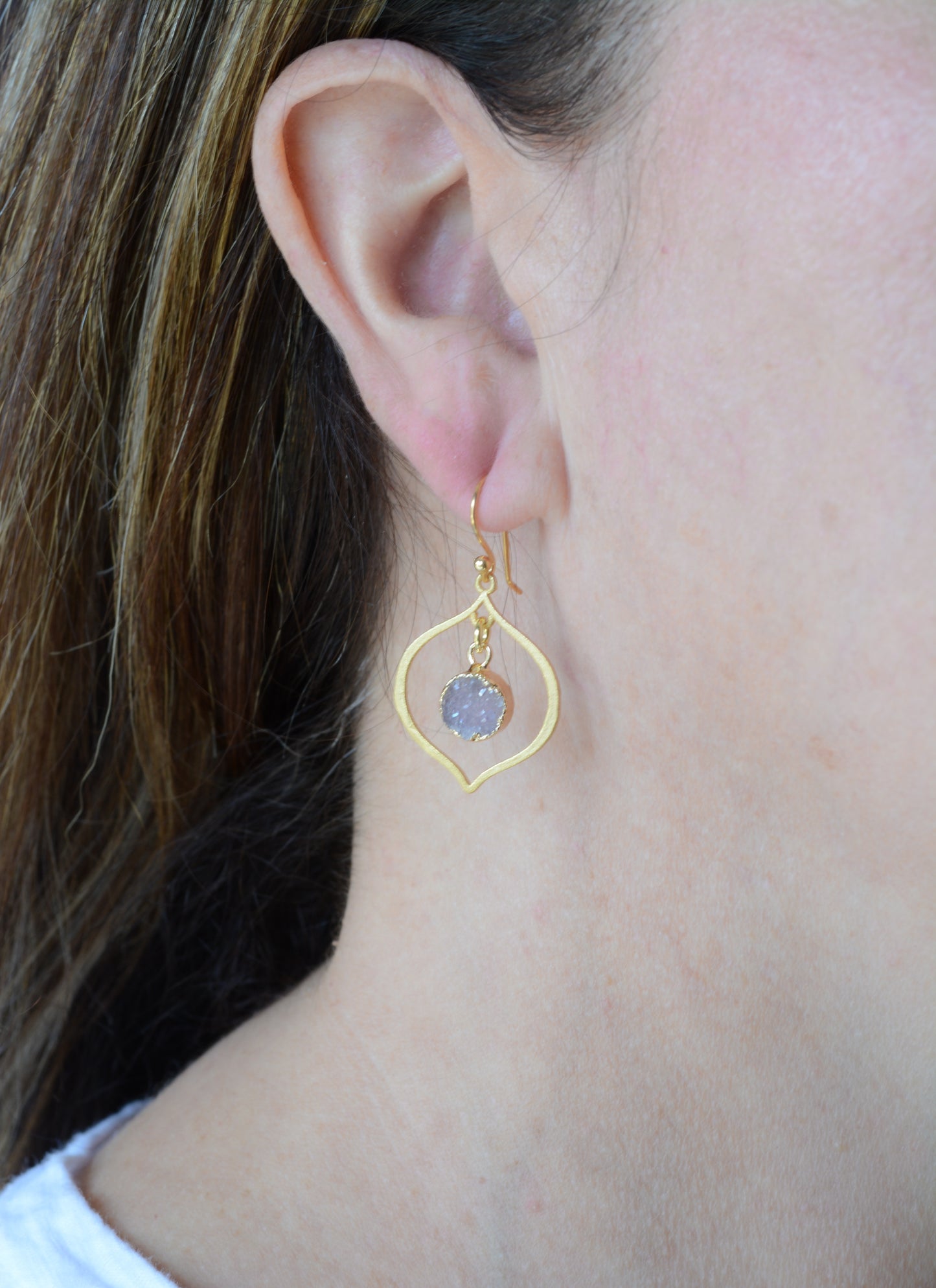 Gold lotus earrings with druzy stones