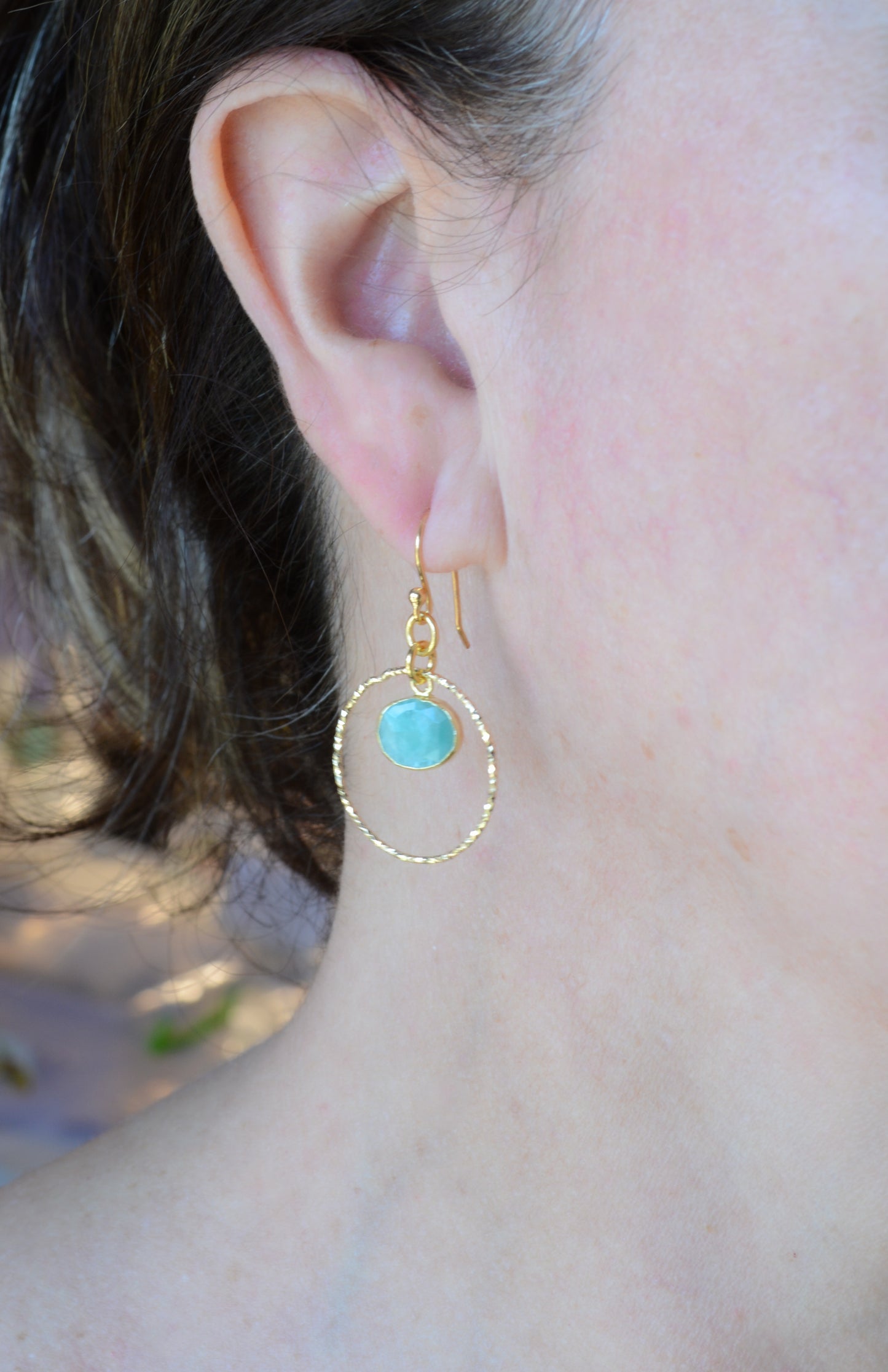 Gold plated hoops with Amazonite